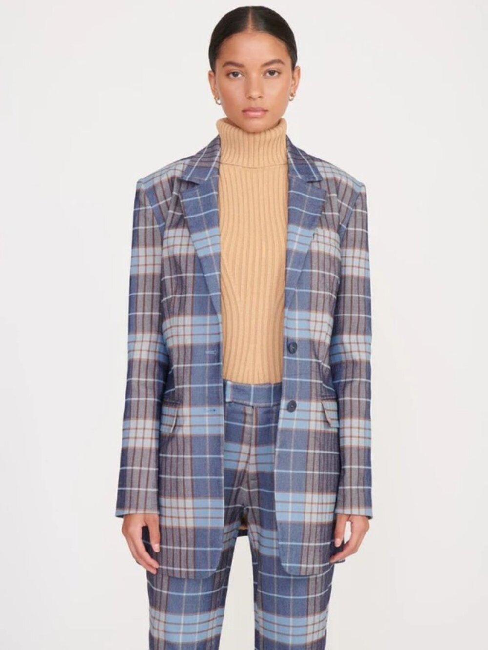 STAUD Blue and Tan Plaid Blazer